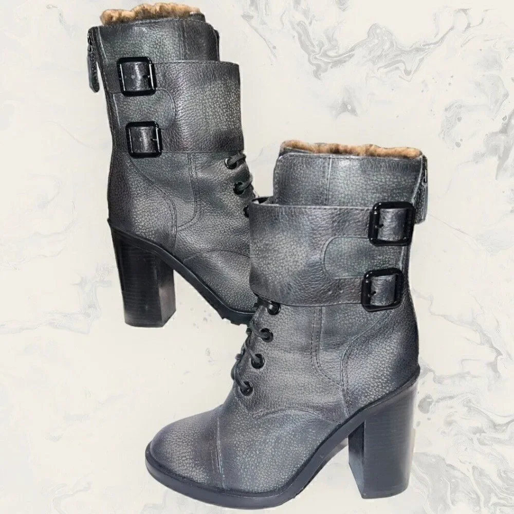 Tory Burch Broome leather heeled Combat Boots shearling lined gray women's 5.5M